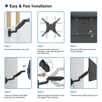 BONTEC Monitor Wandhalterung für 13-42 Zoll Bildschirme, Gasfeder Monitor Arm Wand hält bis zu 8kg, Verstellbare Neigung Schwenkbar Wand Monitor Halterung, Einzelarm mit VESA Erweiterungs-Kit passend für VESA 75/100/200
