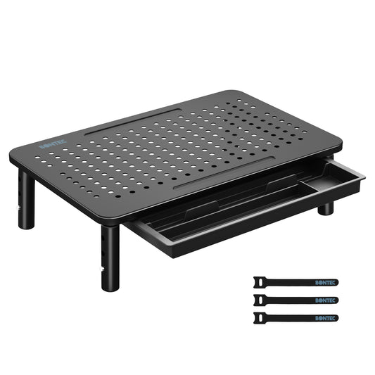 BONTEC Monitorständer mit Schublade, 3-fach höhenverstellbarer Monitor-Erhöhung für den Schreibtisch, Gitterplattform für Laptop, Computer, iMac, Drucker bis zu 20 kg, Schreibtisch-Organizer mit Kabelbindern