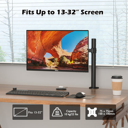 BONTEC Einzel-Monitorarm-Schreibtischhalterung für 13-32 Zoll Bildschirme, höhenverstellbar, neigbar, schwenkbar, 360° drehbar, VESA-Halterung aus Stahl bis 10 kg, passend für 75x75/100x100mm, ergonomisch, platzsparend, langlebiges Design