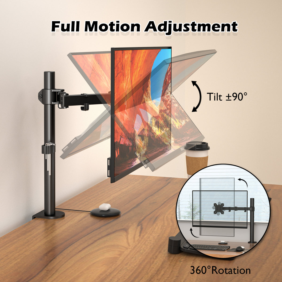 BONTEC Einzel-Monitorarm-Schreibtischhalterung für 13-32 Zoll Bildschirme, höhenverstellbar, neigbar, schwenkbar, 360° drehbar, VESA-Halterung aus Stahl bis 10 kg, passend für 75x75/100x100mm, ergonomisch, platzsparend, langlebiges Design