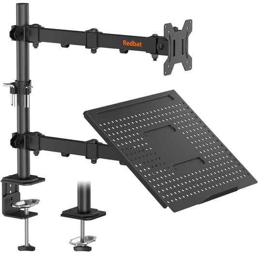 Redbat Monitor- und Laptopständer für 13-32 Zoll LCD-LED-Bildschirme, verstellbare Monitorhalterung mit Laptopablage für Laptops/Notebooks bis 16 Zoll, Laptoparm mit VESA 75/100 mm, 2 Befestigungsmöglichkeiten