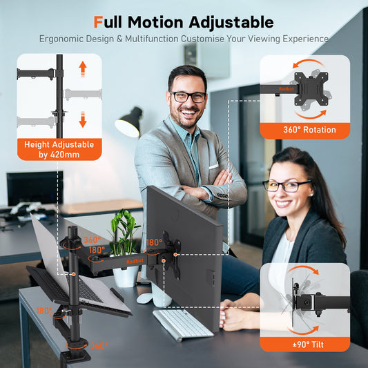 Redbat Monitor- und Laptopständer für 13-32 Zoll LCD-LED-Bildschirme, verstellbare Monitorhalterung mit Laptopablage für Laptops/Notebooks bis 16 Zoll, Laptoparm mit VESA 75/100 mm, 2 Befestigungsmöglichkeiten