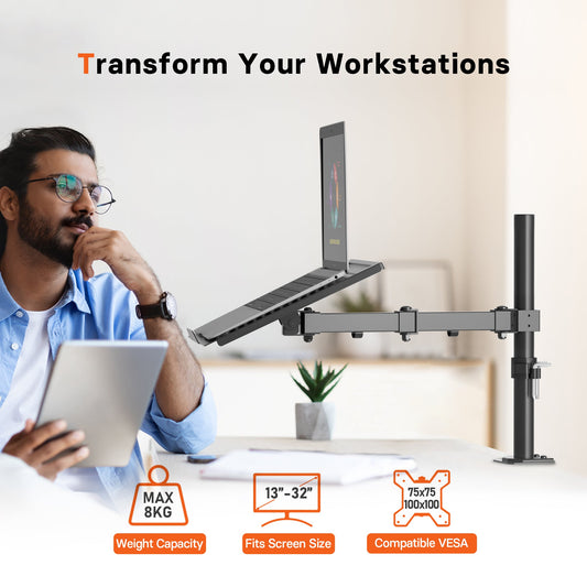 Redbat Laptop Arm für Laptop/Notebook bis 17 Zoll, Höhenverstellbarer Laptop-Arm für Schreibtisch Gewicht bis 8kg, Laptop Halterung mit 2 Befestigungsoptionen, VESA 75/100 für Monitor 13-32 Zoll