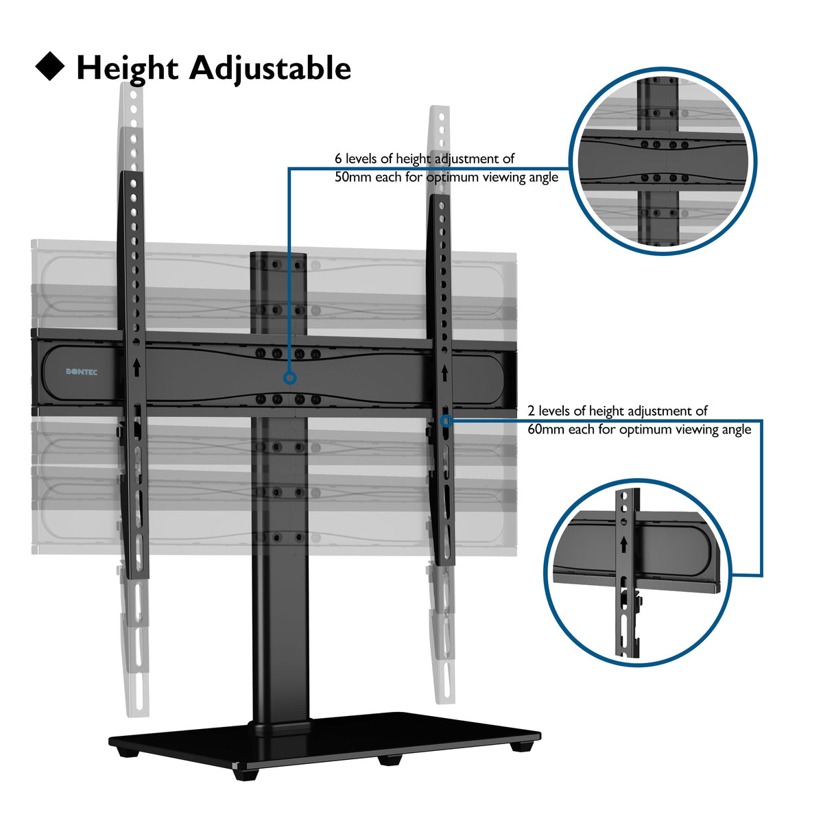 BONTEC Universal TV-Tischständer mit Halterung für 32-65 Zoll LCD-/LED-/Plasma-Fernseher, höhenverstellbarer TV-Ständer mit gehärtetem Glasfuß und Kabelmanagement, hält 45 kg und max. VESA 600x400mm