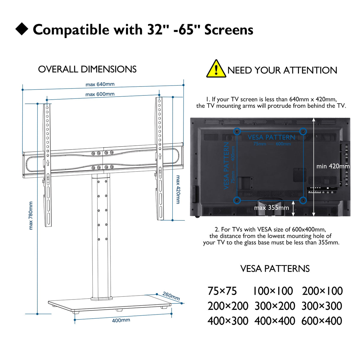 BONTEC Universal TV-Tischständer mit Halterung für 32-65 Zoll LCD-/LED-/Plasma-Fernseher, höhenverstellbarer TV-Ständer mit gehärtetem Glasfuß und Kabelmanagement, hält 45 kg und max. VESA 600x400mm