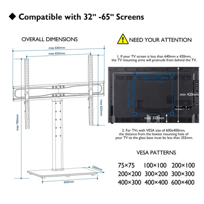 BONTEC Universal TV-Tischständer mit Halterung für 32-65 Zoll LCD-/LED-/Plasma-Fernseher, höhenverstellbarer TV-Ständer mit gehärtetem Glasfuß und Kabelmanagement, hält 45 kg und max. VESA 600x400mm