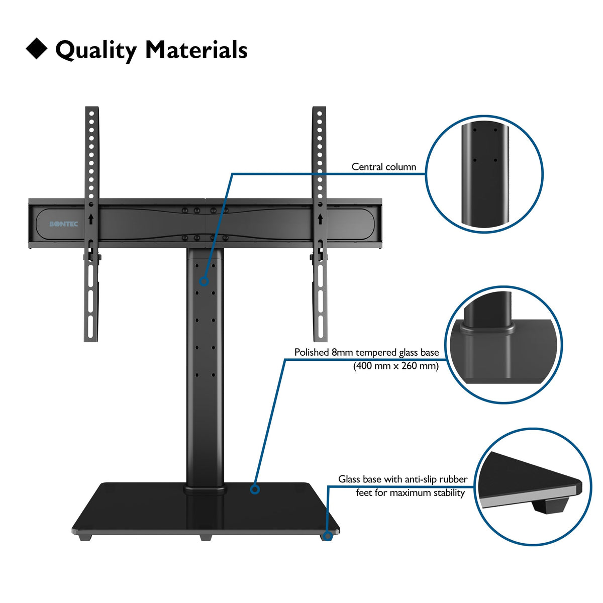 BONTEC Universal TV-Tischständer mit Halterung für 32-65 Zoll LCD-/LED-/Plasma-Fernseher, höhenverstellbarer TV-Ständer mit gehärtetem Glasfuß und Kabelmanagement, hält 45 kg und max. VESA 600x400mm