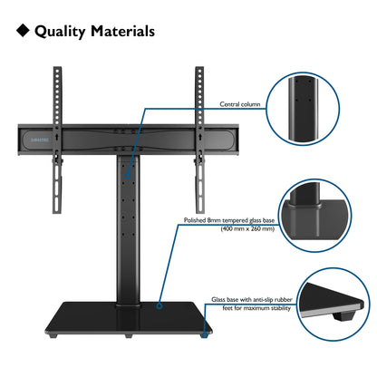 BONTEC Universal TV-Tischständer mit Halterung für 32-65 Zoll LCD-/LED-/Plasma-Fernseher, höhenverstellbarer TV-Ständer mit gehärtetem Glasfuß und Kabelmanagement, hält 45 kg und max. VESA 600x400mm