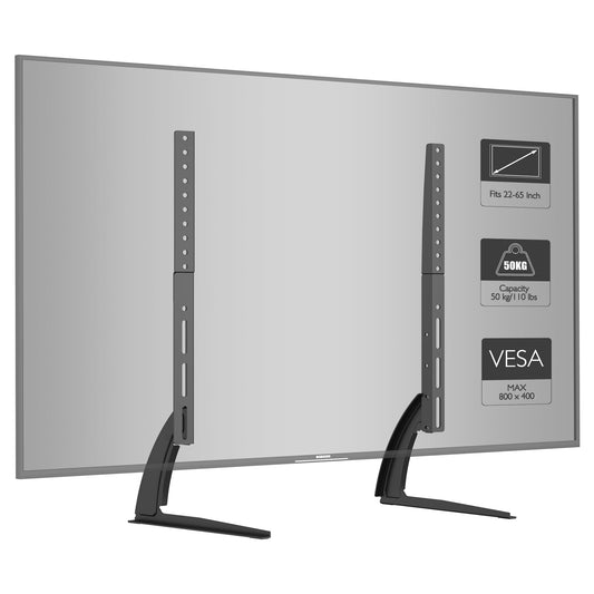 BONTEC Universal Tisch-TV-Ständer, 22-65 Zoll, höhenverstellbar, 50 kg, max. VESA 800x400 mm, Standfuß, Ersatzdesign, platzsparend, LCD LED Bildschirme, einfache Montage, Wohnzimmer, schwarz