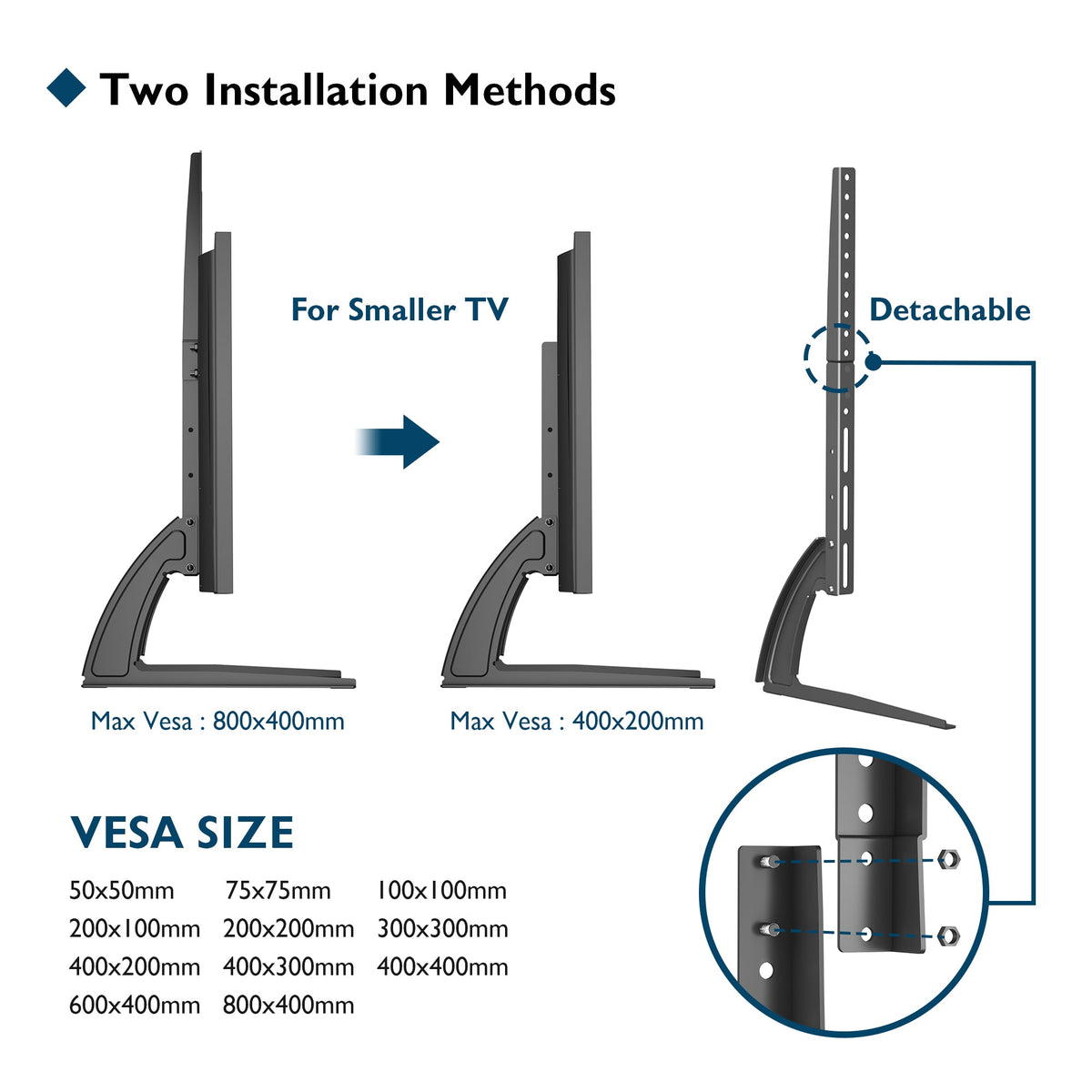 BONTEC Universal Tisch-TV-Ständer, 22-65 Zoll, höhenverstellbar, 50 kg, max. VESA 800x400 mm, Standfuß, Ersatzdesign, platzsparend, LCD LED Bildschirme, einfache Montage, Wohnzimmer, schwarz