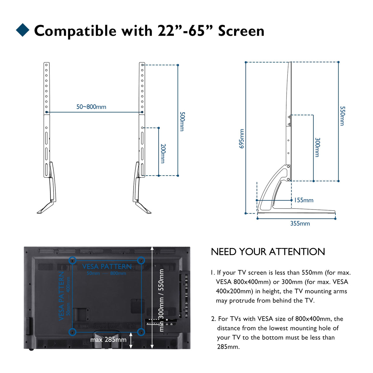 BONTEC Universal Tisch-TV-Ständer, 22-65 Zoll, höhenverstellbar, 50 kg, max. VESA 800x400 mm, Standfuß, Ersatzdesign, platzsparend, LCD LED Bildschirme, einfache Montage, Wohnzimmer, schwarz