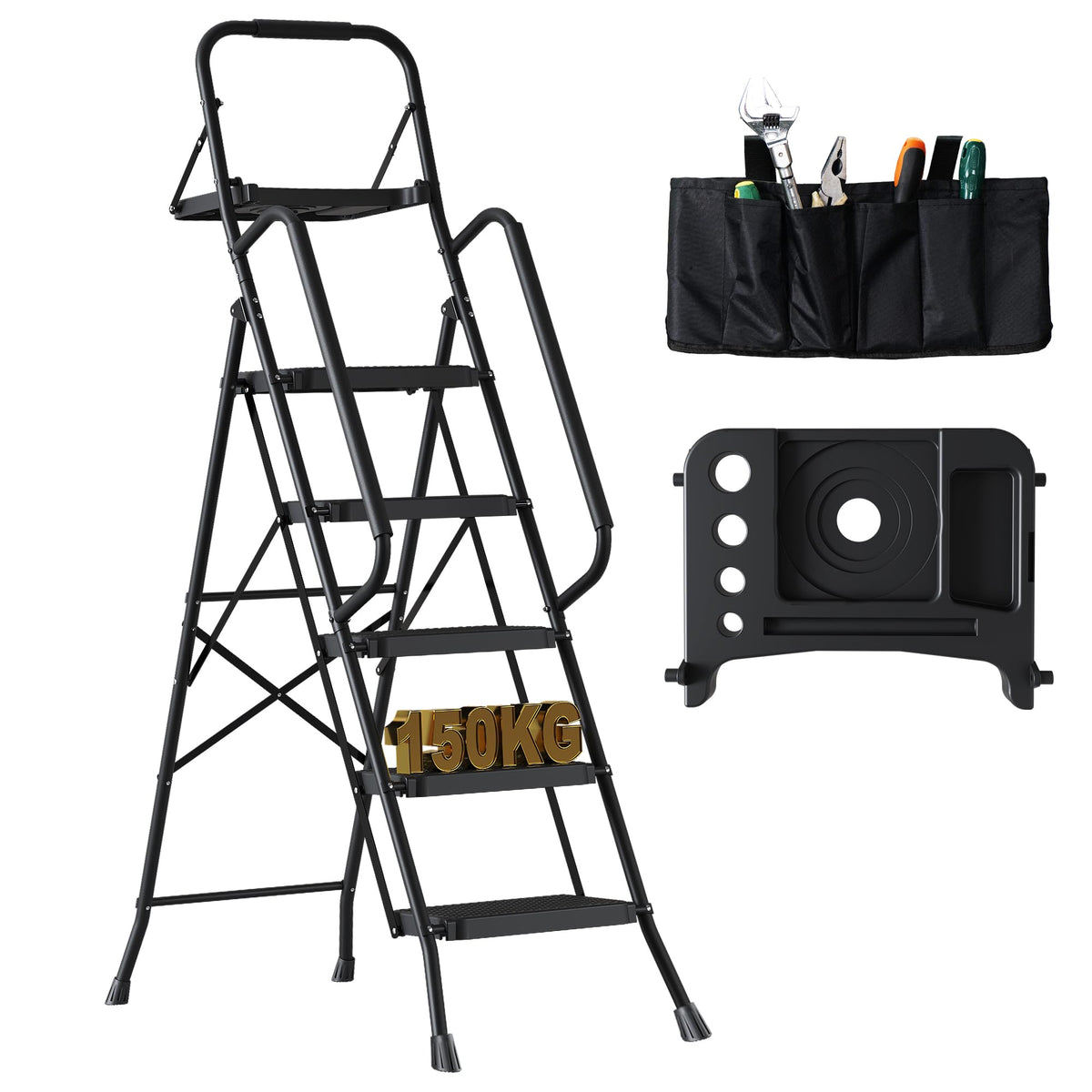 BONTEC 5-stufige Leiter, klappbarer Metallhocker mit Werkzeugablage, 150 kg belastbarer Stahlrahmen, breite Anti-Rutsch-Pedale, schwammbezogener Handlauf, kompakte Aufbewahrung, für Küchen, Garagen, Innen- und Außenarbeiten
