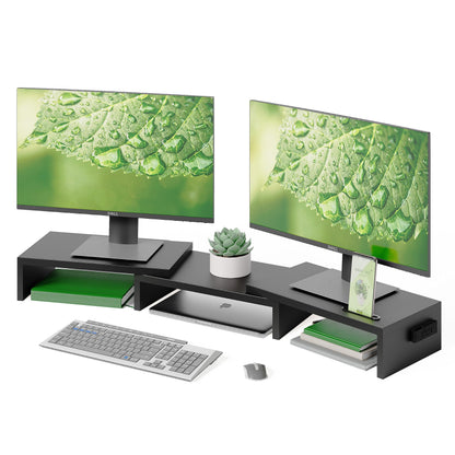 BONTEC Doppelmonitor-Ständererhöhung, verstellbare Länge und Winkel, ergonomischer Schreibtisch-Organizer mit Smartphone-Halterung, extra Stauraum und Kabelmanagement, hölzerner Monitorständer für Laptop, Drucker und Monitor