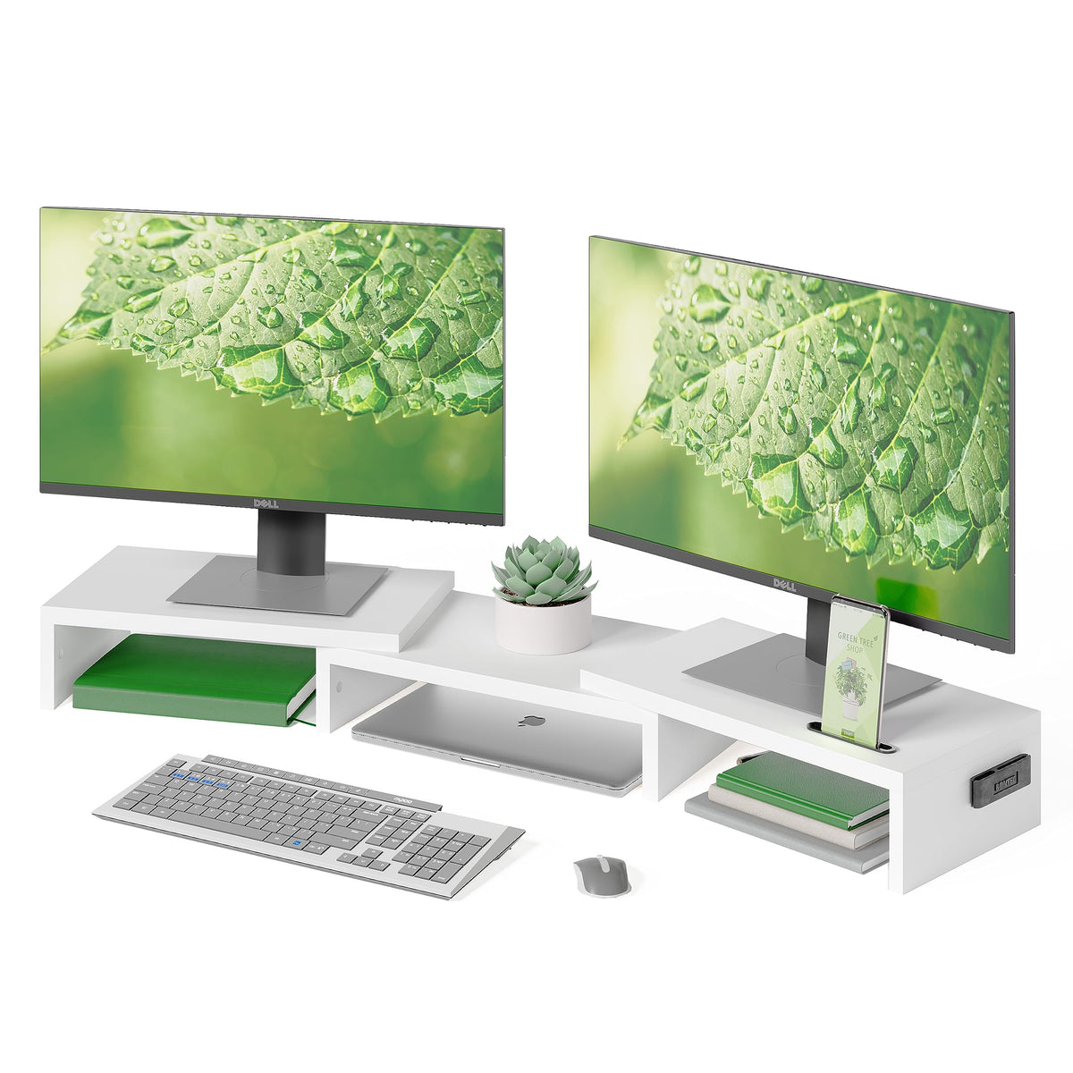 BONTEC Doppelmonitor-Ständererhöhung, verstellbare Länge und Winkel, ergonomischer Schreibtisch-Organizer mit Smartphone-Halterung, extra Stauraum und Kabelmanagement, hölzerner Monitorständer für Laptop, Drucker und Monitor