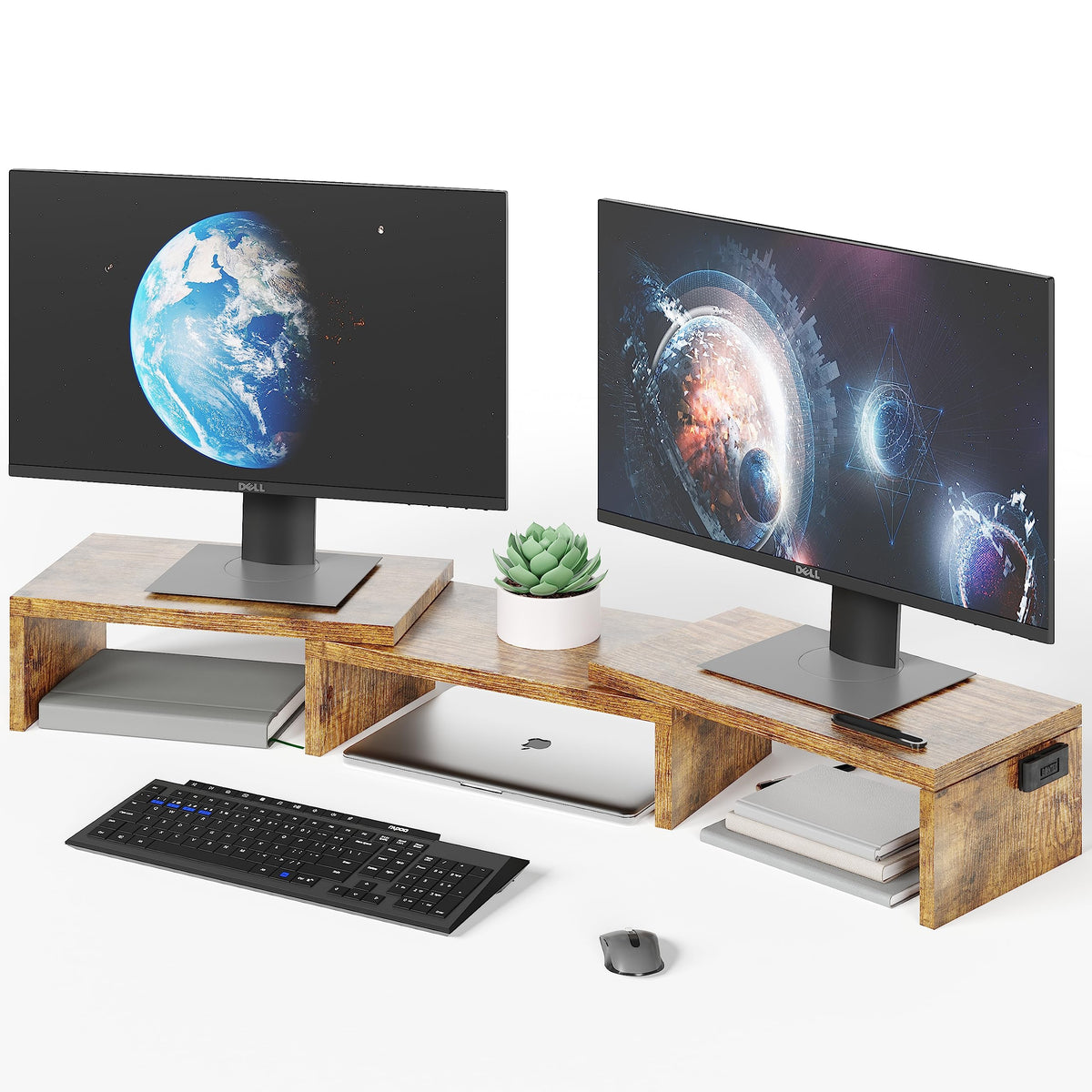 BONTEC Doppelmonitor-Ständererhöhung, verstellbare Länge und Winkel, ergonomischer Schreibtisch-Organizer mit Smartphone-Halterung, extra Stauraum und Kabelmanagement, hölzerner Monitorständer für Laptop, Drucker und Monitor