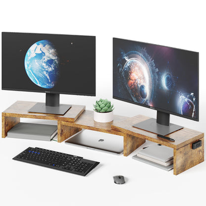 BONTEC Doppelmonitor-Ständererhöhung, verstellbare Länge und Winkel, ergonomischer Schreibtisch-Organizer mit Smartphone-Halterung, extra Stauraum und Kabelmanagement, hölzerner Monitorständer für Laptop, Drucker und Monitor