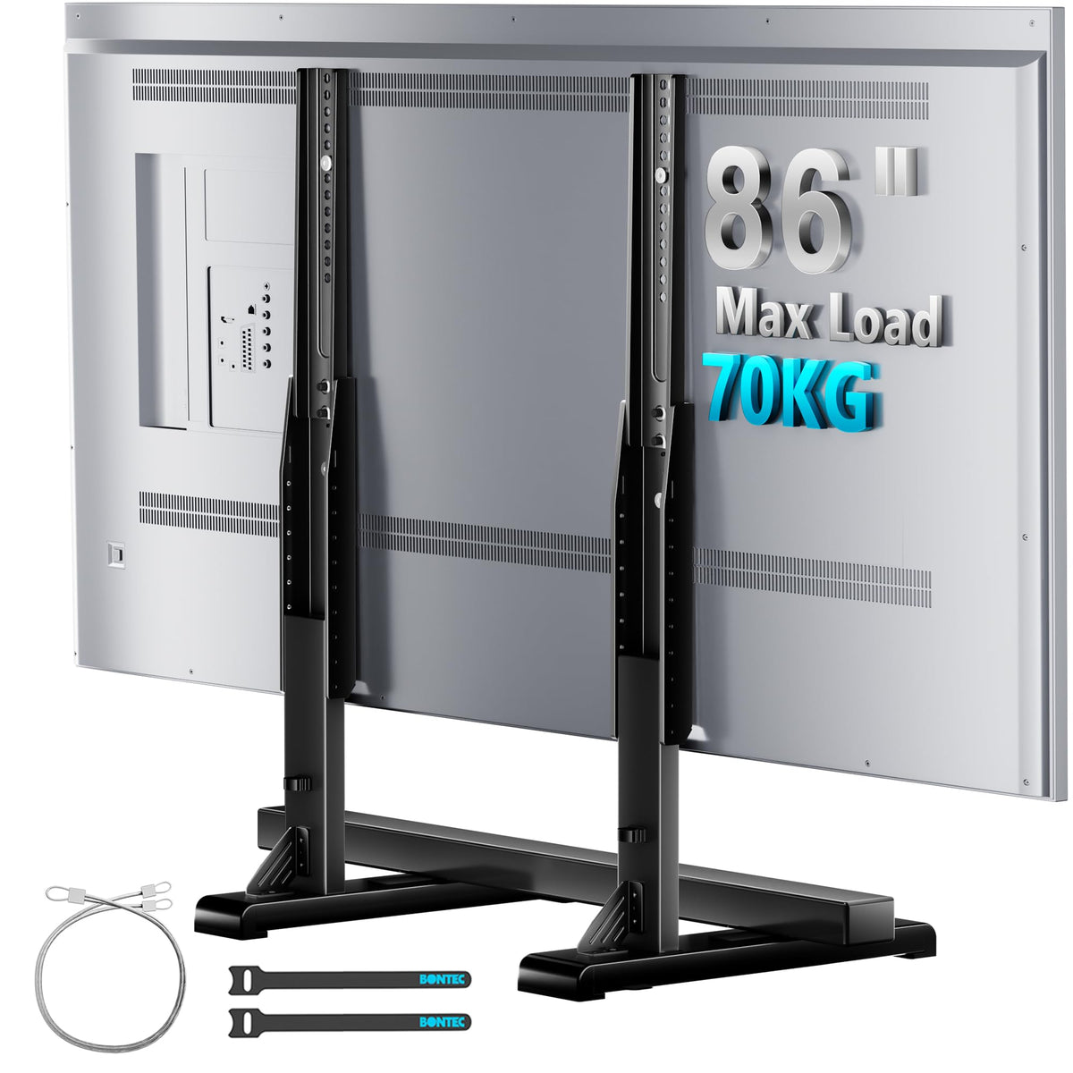 BONTEC Universal TV-Ständer für 24-86 Zoll Fernseher, 70 kg Tragkraft, VESA 100x100-800x600 mm, 7 Höhenstufen, Kippsicherungsgurt, versteckte Standfüße, Tisch-TV-Ständer mit TV-Beinen für Wohnzimmer
