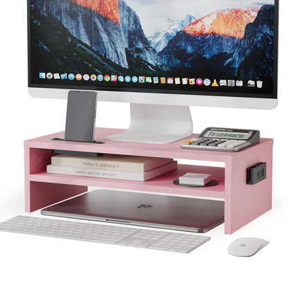 BONTEC Doppelmonitor-Ständererhöhung, verstellbare Länge und Winkel, ergonomischer Schreibtisch-Organizer mit Smartphone-Halterung, extra Stauraum und Kabelmanagement, hölzerner Monitorständer für Laptop, Drucker und Monitor
