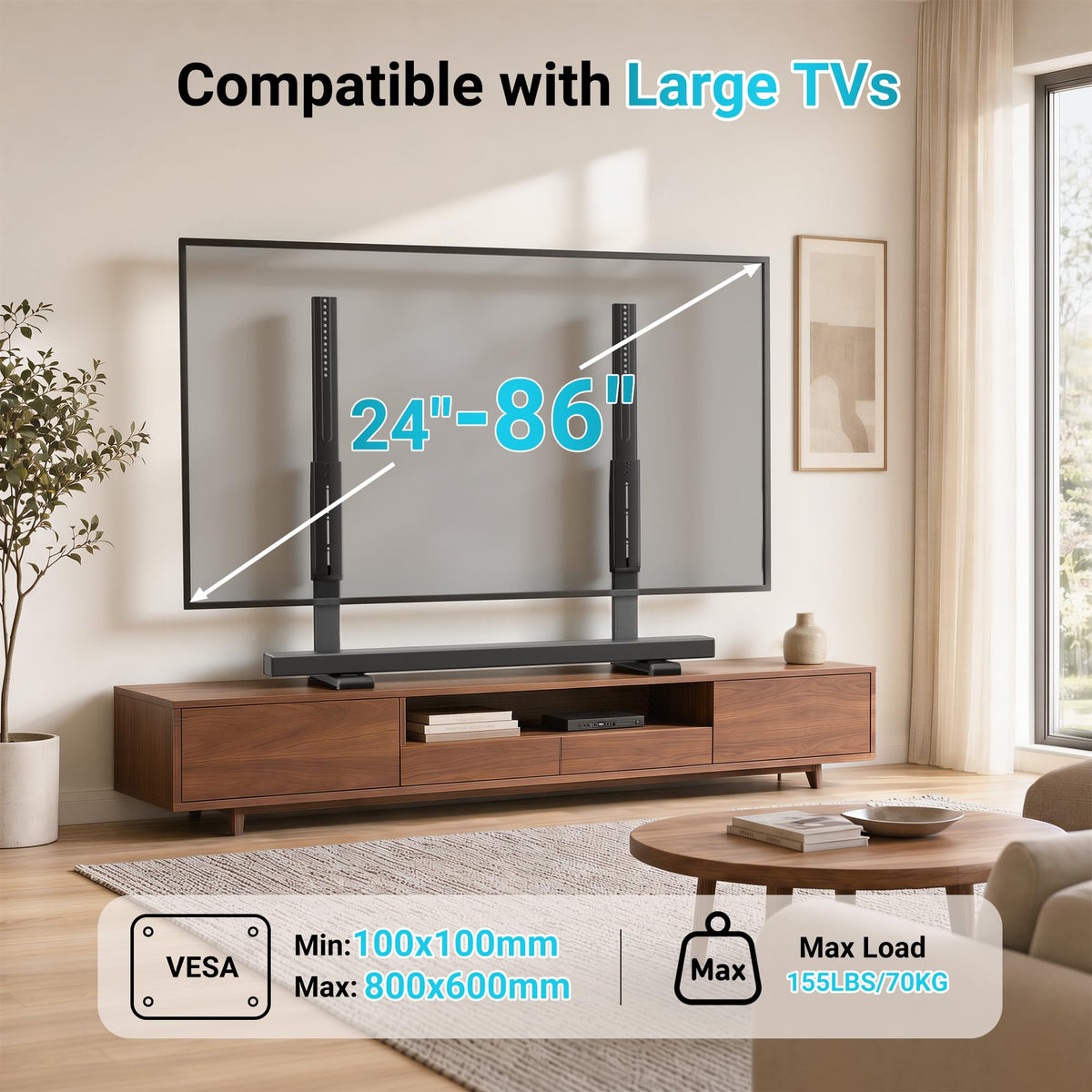 BONTEC Universal TV-Ständer für 24-86 Zoll Fernseher, 70 kg Tragkraft, VESA 100x100-800x600 mm, 7 Höhenstufen, Kippsicherungsgurt, versteckte Standfüße, Tisch-TV-Ständer mit TV-Beinen für Wohnzimmer