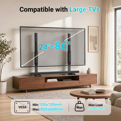 BONTEC Universal TV-Ständer für 24-86 Zoll Fernseher, 70 kg Tragkraft, VESA 100x100-800x600 mm, 7 Höhenstufen, Kippsicherungsgurt, versteckte Standfüße, Tisch-TV-Ständer mit TV-Beinen für Wohnzimmer
