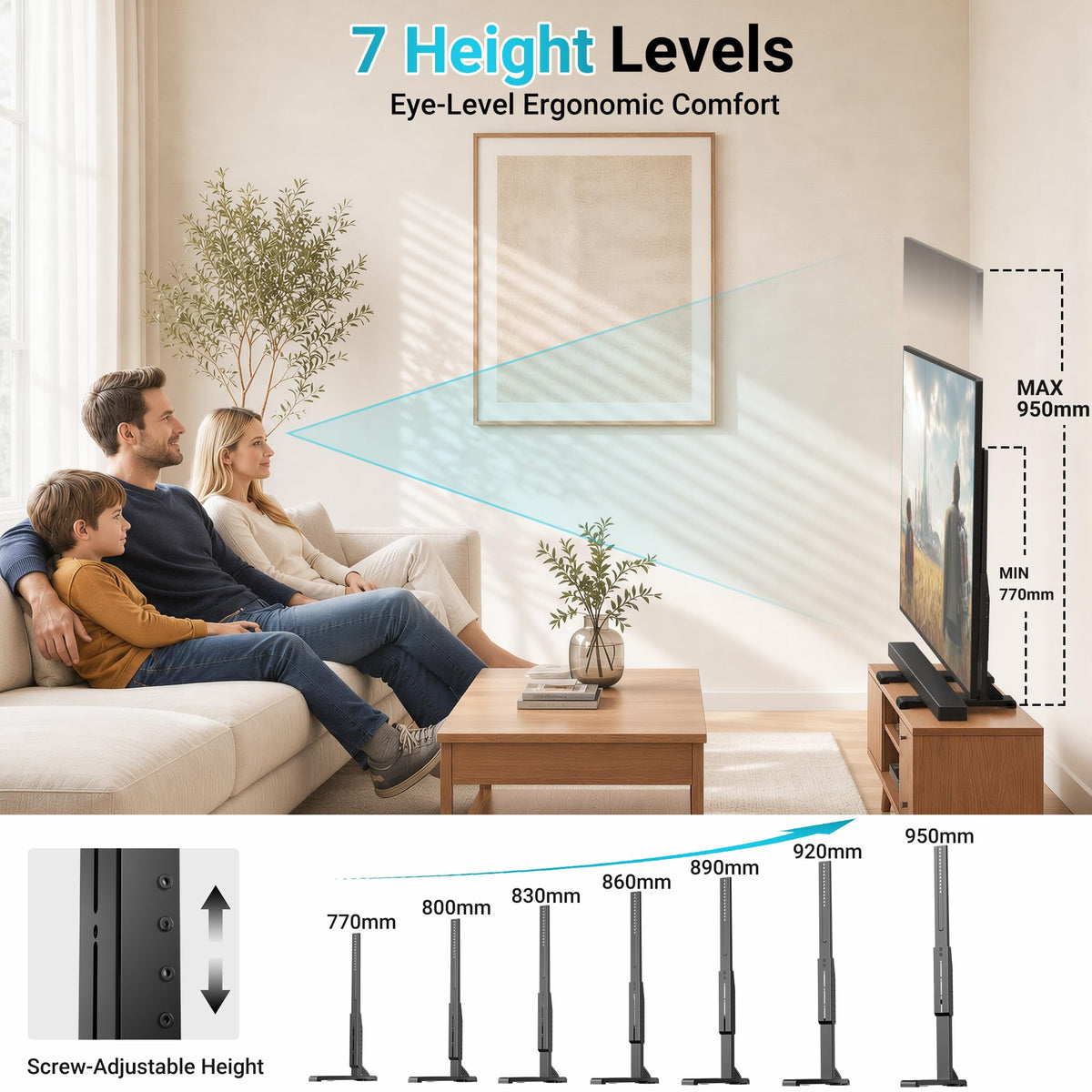 BONTEC Universal TV-Ständer für 24-86 Zoll Fernseher, 70 kg Tragkraft, VESA 100x100-800x600 mm, 7 Höhenstufen, Kippsicherungsgurt, versteckte Standfüße, Tisch-TV-Ständer mit TV-Beinen für Wohnzimmer
