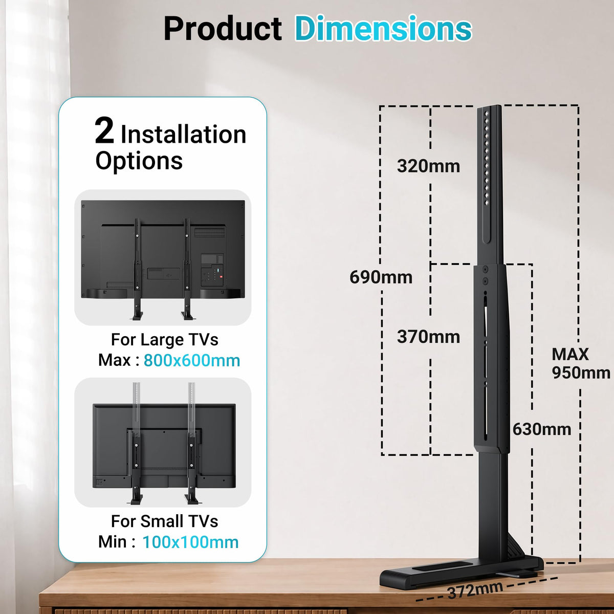 BONTEC Universal TV-Ständer für 24-86 Zoll Fernseher, 70 kg Tragkraft, VESA 100x100-800x600 mm, 7 Höhenstufen, Kippsicherungsgurt, versteckte Standfüße, Tisch-TV-Ständer mit TV-Beinen für Wohnzimmer